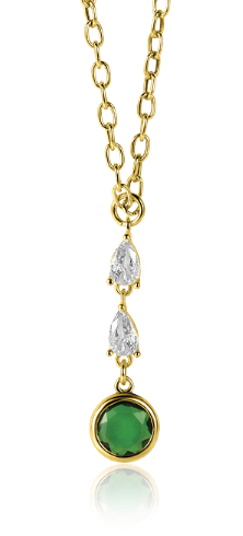 ZINZI Gold Plated Sterling Silver Chain Necklace with Beautiful Pendant (31mm): 2 Triangle Settings with White Zirconias and a Round Green Color Stone 40-45cm ZIC-BF69G