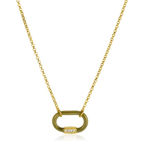 ZINZI Gold Plated Silver Chain Necklace 45cm Oval Pendant Olive Green Enamel And White Zirconias ZIC2374