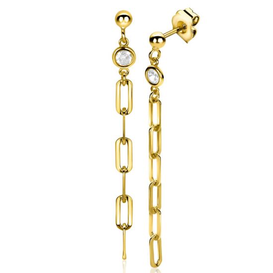 58mm ZINZI Gold Plated Sterling Silver Stud Earrings Long Paperclip Chain with White Zirconia ZIO2363Y