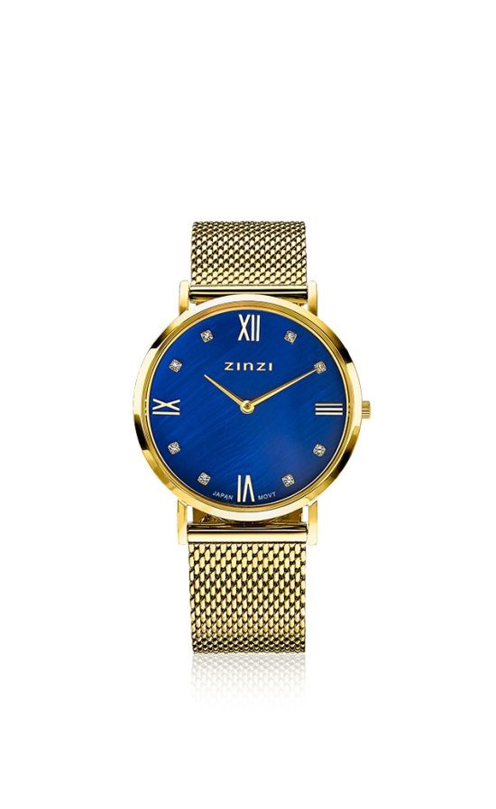 ZINZI Roman Watch Dark Blue Mother-of-Pearl Dial with White Zirconias Gold Colored Stainless Steel Case and Mesh Strap 34mm ZIW547M