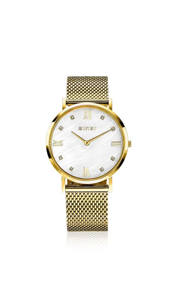 ZINZI Roman Watch White Mother-of-Pearl Dial Gold Colored Stainless Steel Case and Mesh Strap 34mm ZIW548M