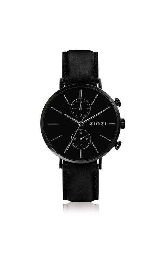 ZINZI Man Traveller Watch 39mm Black Dial Stainless Steel Case and Black Leather Strap with dual time ZIW750