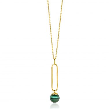 ZINZI Gold Plated Sterling Silver Necklace with Oval Pendant and Dangling Bead in Green Cat's Eye 40-45cm ZIC2420