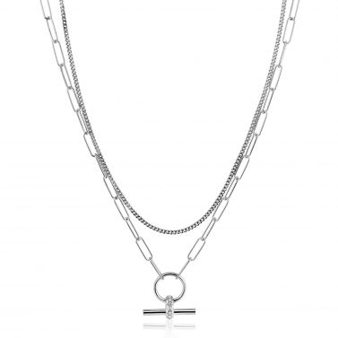 ZINZI Sterling Silver Multi-look Necklace 50cm: Combination of Curb and Paperclip Chains with Trendy T-Bar Set with White Zirconias ZIC2462