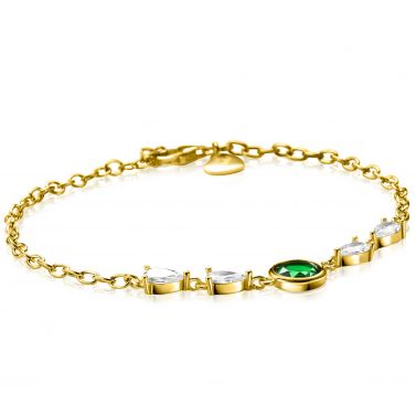 ZINZI Gold Plated Sterling Silver Bracelet Set with a Single Round Green Color Stone and 4 Pear-shaped White Zirconias 17-20cm ZIA-BF69G