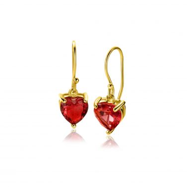24mm ZINZI gold-plated silver drop earrings with a red heart-shaped gemstone, ZIO-BF94