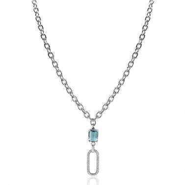 ZINZI Sterling Silver Fantasy Chain Necklace with Oval Pendant Set with White Zirconias and Green/Blue (Petrol) Color Stone in Prong Setting 45cm ZIC2487
