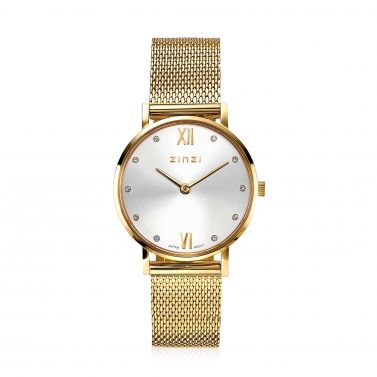 ZINZI Lady Crystal Watch 28mm Silver Colored Dial with White Crystals Gold Colored Colored Case and Mesh Strap ZIW633M