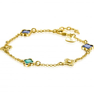 ZINZI gold plated silver link bracelet with two dark blue clovers and one green clover 16-19cm ZIA2583
