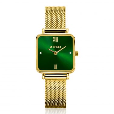 ZINZI Square Mini Watch Green Dial and Square Gold Colored Case Stainless Steel Mesh Band 22mm  ZIW1735