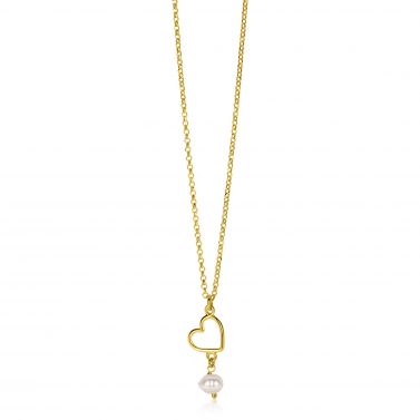 ZINZI gold plated silver necklace with open heart and dangling white freshwater pearl 40-45cm ZIC2642
