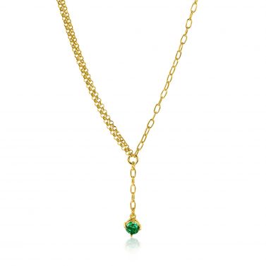 ZINZI gold plated silver Y-necklace with subtle links, dangling green round gemstone 42-45cm ZIC2660G