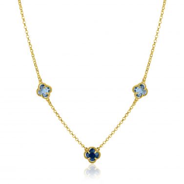 ZINZI gold plated silver link necklace with two light blue clovers and one dark blue clover 42-45cm ZIC2662B