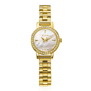 ZINZI Etoile Watch 20mm White Mother-of-Pearl Dial Gold Colored Stainless Steel Case set with white zirconia and Gold Colored Strap ZIW3234