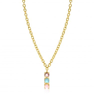 ZINZI Gold Plated Sterling Silver Chain Necklace with Luxurious Pendant (30mm) of 3 Square Settings Set with Pink and Turquoise Color Stones 43-45cm ZIC2454