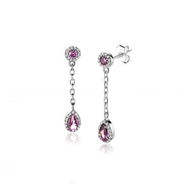 25mm ZINZI Sterling Silver Stud Earrings with White Zirconias, Chain and Dangling Purple Color Stone ZIO2561