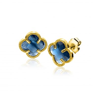 9mm ZINZI gold plated silver stud earrings in clover shape with dark blue gemstone ZIO2662DB