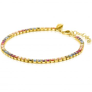 ZINZI gold plated silver tennis bracelet 3mm wide, set with rainbow-colored gemstones in square settings 17-20cm ZIA2666