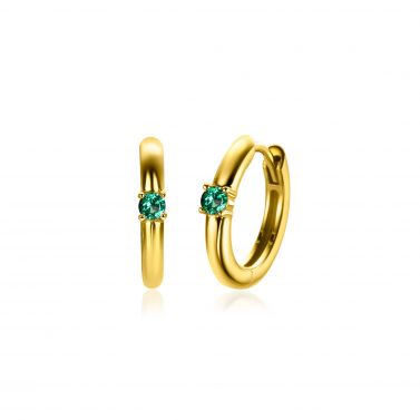 May Hoop Earrings 13mm Gold Plated with Birthstone Green Emerald Zirconia