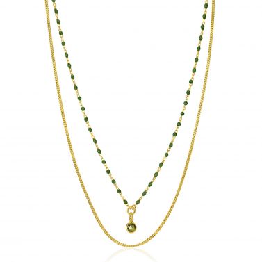 ZINZI Gold Plated Sterling Silver Multi-look Necklace Curb and Green Bead Chain with Round Setting with Olive Green Color Stone 42-45cm ZIC2528G