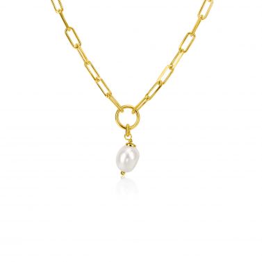 ZINZI gold-plated silver paperclip link necklace with open circle and white freshwater pearl, 42-45cm, ZIC-BF100