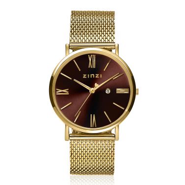 ZINZI Roman Watch 34mm Brown Dial Gold Colored Stainless Steel Case and Mesh Strap  ZIW536M