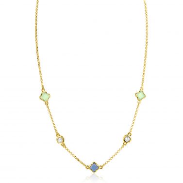 ZINZI zlv. collier gg.verg. klavers blauw/groen/zirc