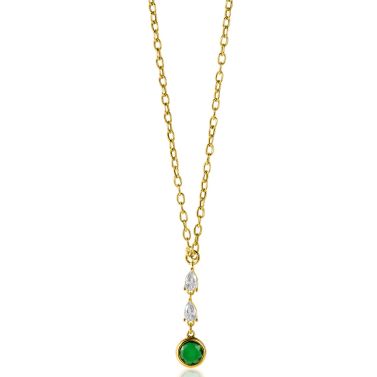 ZINZI Gold Plated Sterling Silver Chain Necklace with Beautiful Pendant (31mm): 2 Triangle Settings with White Zirconias and a Round Green Color Stone 40-45cm ZIC-BF69G