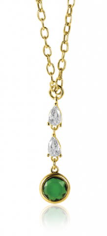 ZINZI Gold Plated Sterling Silver Chain Necklace with Beautiful Pendant (31mm): 2 Triangle Settings with White Zirconias and a Round Green Color Stone 40-45cm ZIC-BF69G