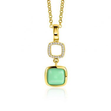 30mm ZINZI Gold Plated Sterling Silver Pendant Square Two-sided with White Onyx and Mint Green Color Stone ZIH2308 (excl. necklace)