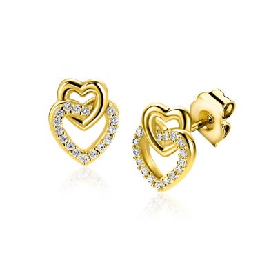 10mm ZINZI Gold Plated Sterling Silver Stud Earrings 2 Connected Open Hearts White Zirconias ZIO2493Y