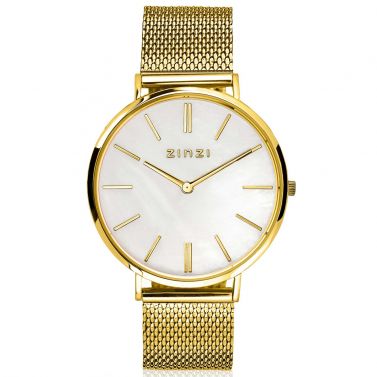 ZINZI Retro Watch White Mother-of-Pearl Dial Gold Colored Stainless Steel Case and Mesh Strap 38mm ZIW448M
