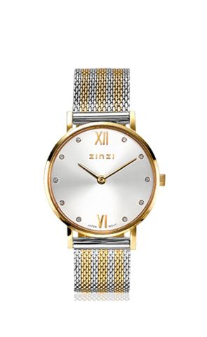 ZINZI Lady Crystal Watch 28mm Silver Colored Dial with White Crystals Gold Colored Case and Bicolor Stainless Steel Mesh Strap ZIW633MB