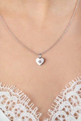 OCTOBER Pendant 12mm Sterling Silver Heart Birthstone Pink Quartz Zirconia (excl. necklace)