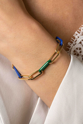 ZINZI Gold Plated Sterling Silver Papeclip Chain Bracelet with Trendy Chains in Lapis Blue and Malachite Green 19cm ZIA2455
