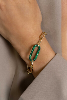ZINZI Gold Plated Sterling Silver Luxury Bracelet with Paperclip Chains and a Single Large Trendy Oval Chain in Malachite Green 20cm ZIA2488