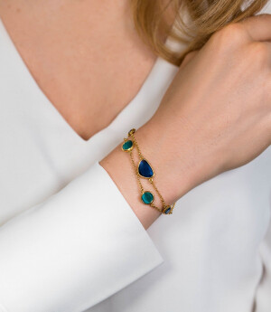 ZINZI zilveren multi-look schakelarmband geelverguld met blauw groene kleurstenen 17-19cm ZIA1933