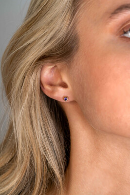 FEBRUARY Stud Earrings 4mm Gold Plated with Birthstone Purple Amethyst Zirconia