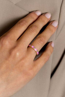 ZINZI Gold Plated Sterling Silver Stackable Ring Trendy Pink Enamel and White Zirconias 3mm ZIR2315R