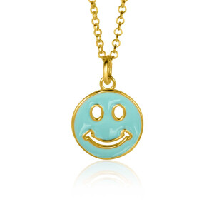ZINZI gold plated zilveren hanger smiley rond 15mm met turquoise emaille ZIH2312T