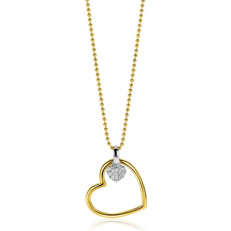 ZINZI gold plated silver bead necklace with large open heart