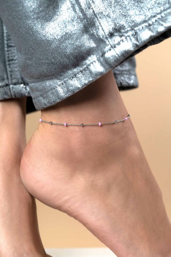 ZINZI Sterling Silver Fantasy Anklet with 7 Pink Donuts and