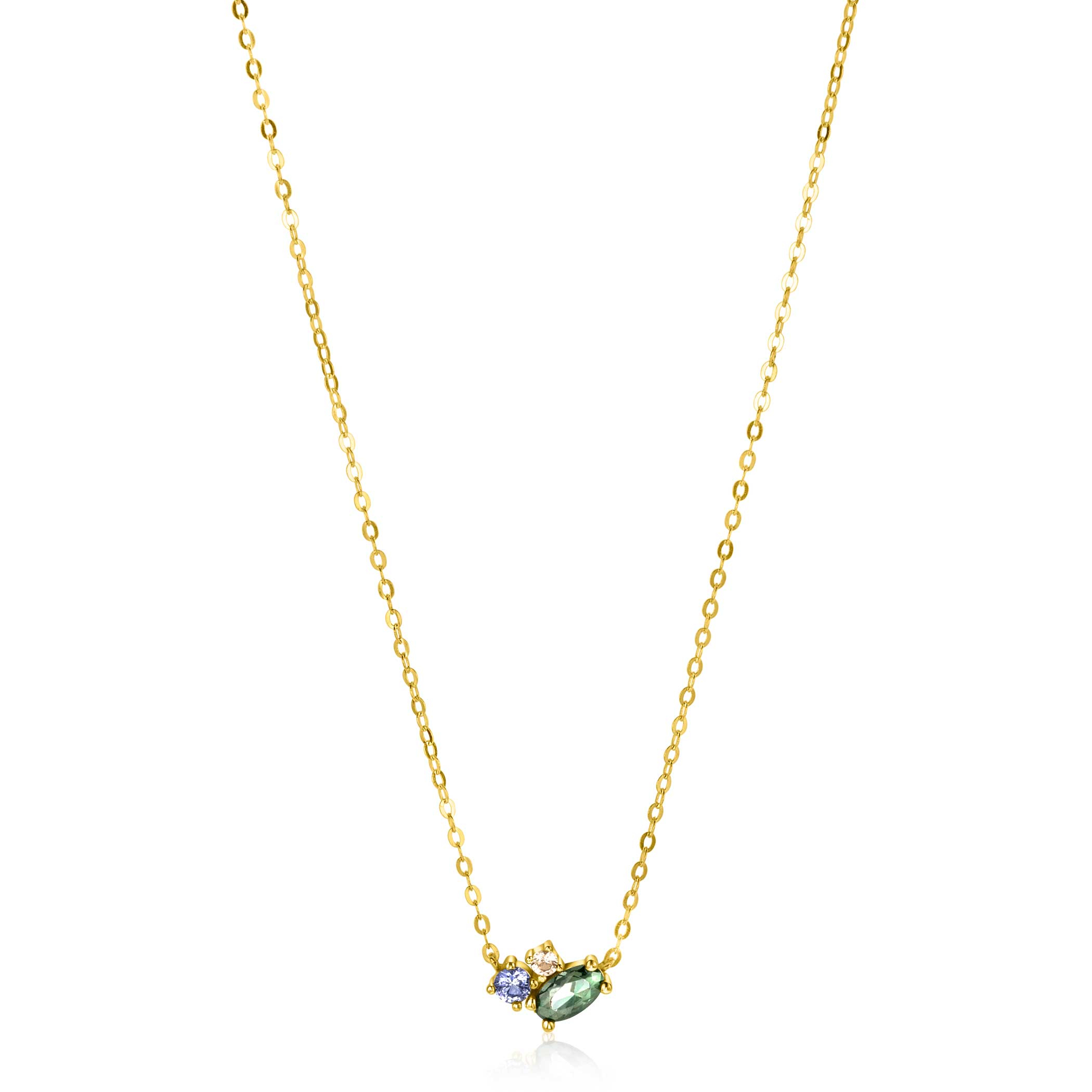 ZINZI 14K Gold Necklace Fine Green Blue and Champagne Zirconias 45cm ZGC379