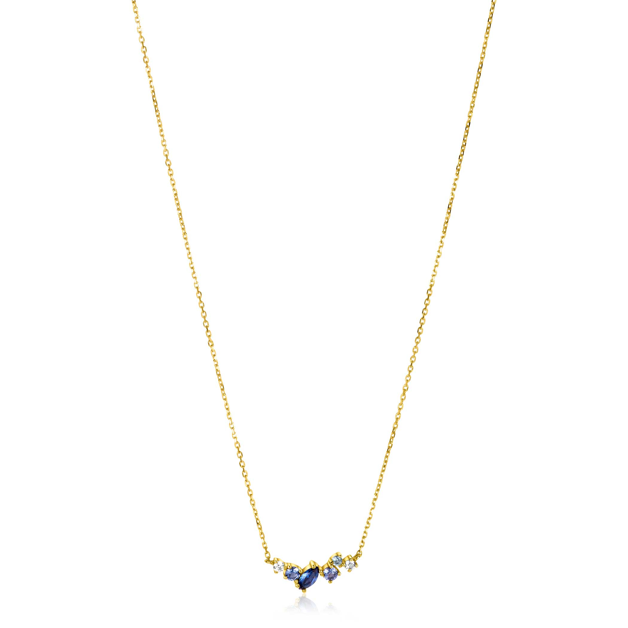 ZINZI 14K Gold Necklace Fine White Light Blue and Dark Blue Zirconias 45cm ZGC381