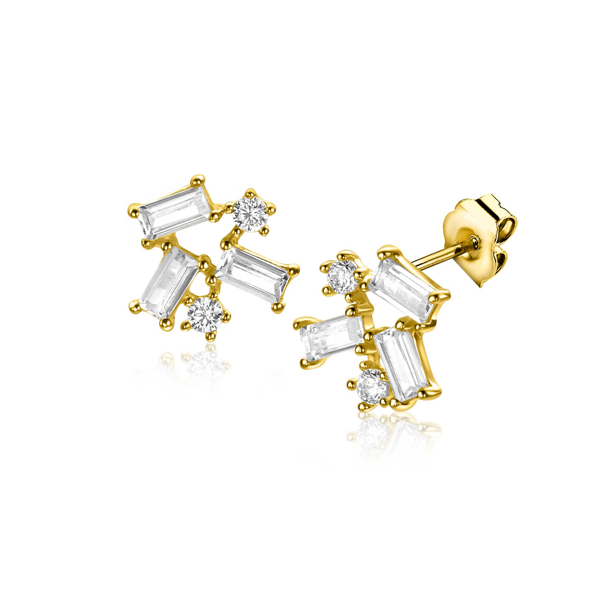 8mm ZINZI Gold 14 ct gold fantasy stud earrings with rectangular baguette-cut and round white cubic zirconias ZGO511