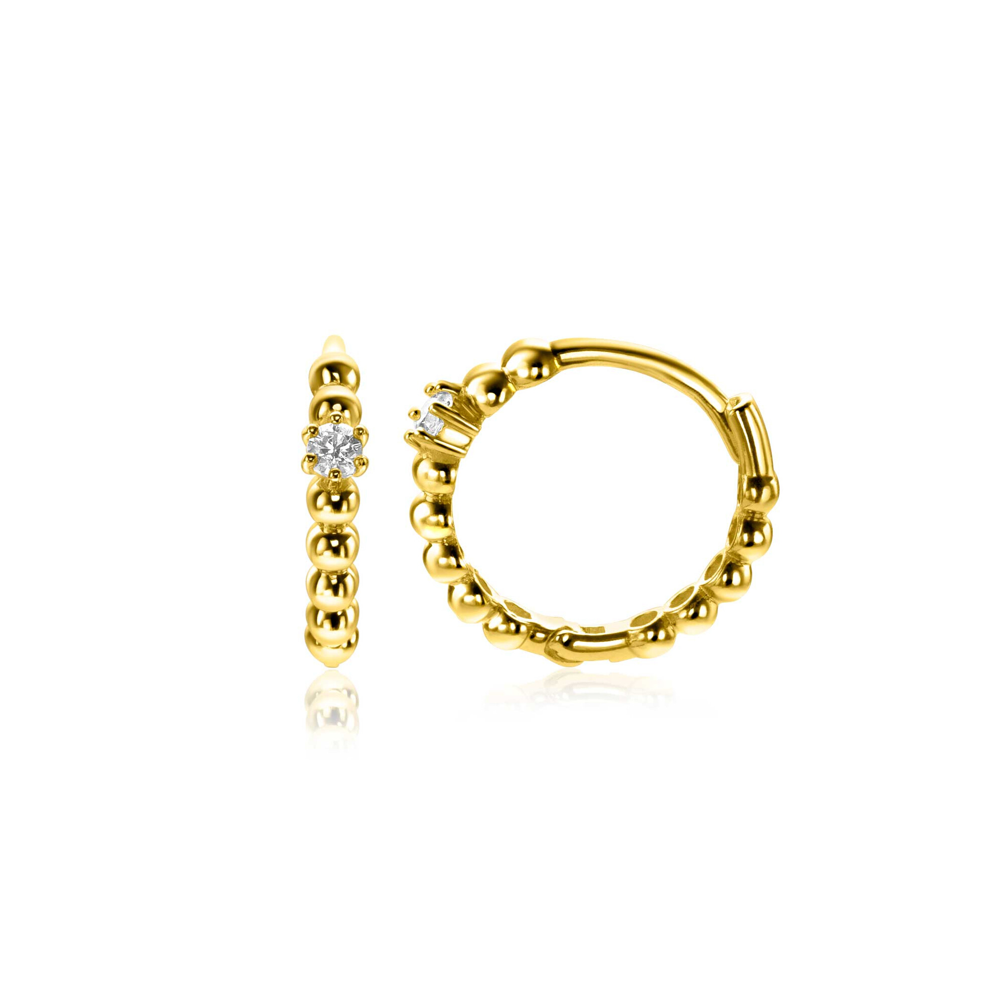 13mm ZINZI Gold 14 ct gold hoop earrings with a bead design and a round white cubic zirconia, with luxury clip closure 13 x 2mm ZGO527