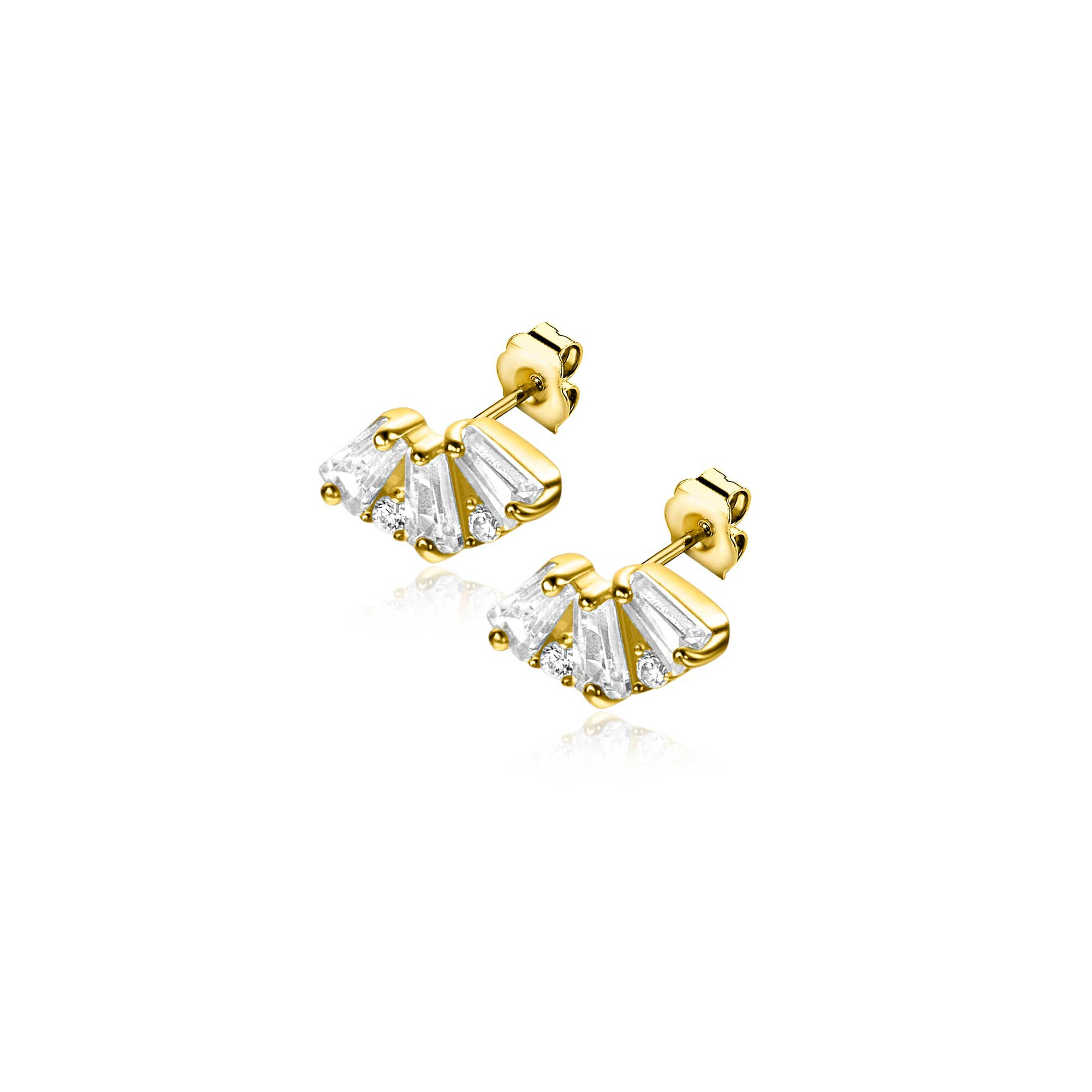 6mm ZINZI Gold 14 ct gold fantasy stud earrings with three baguette-cut white cubic zirconias and two round zirconias ZGO520