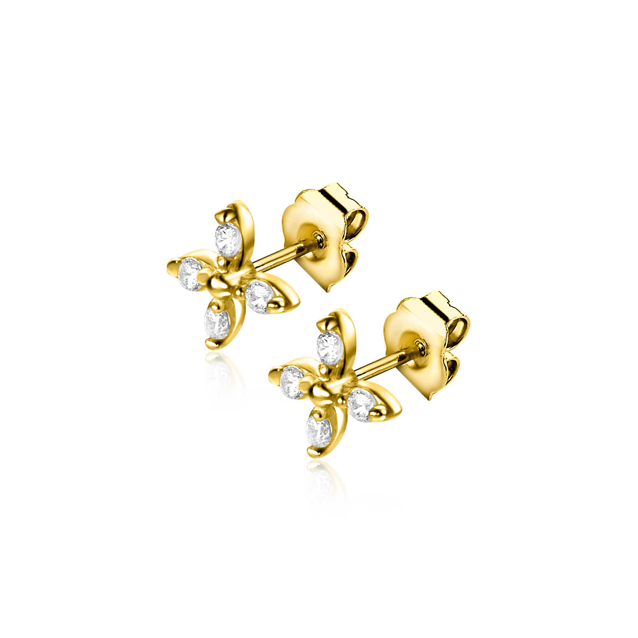 5mm ZINZI Gold 14 ct gold fantasy stud earrings in a flower shape, set with four round white cubic zirconias ZGO519