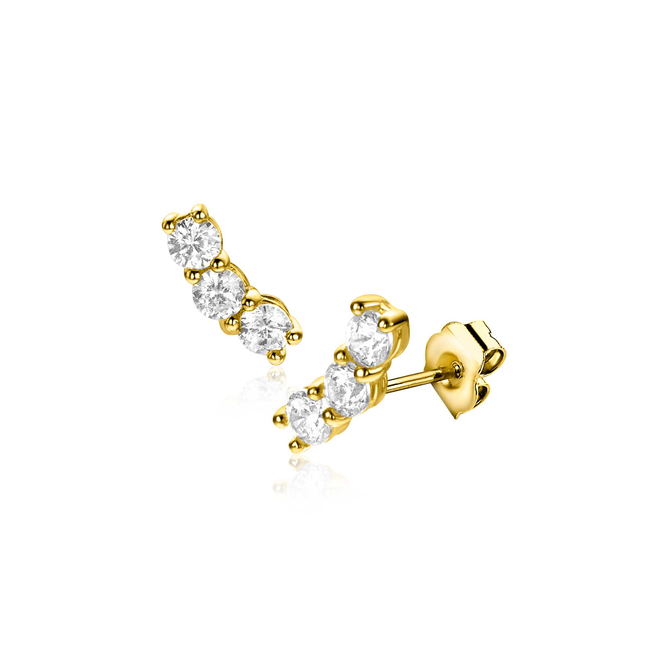 7mm ZINZI Gold 14 ct gold stud earrings with three white cubic zirconias in a row setting ZGO515