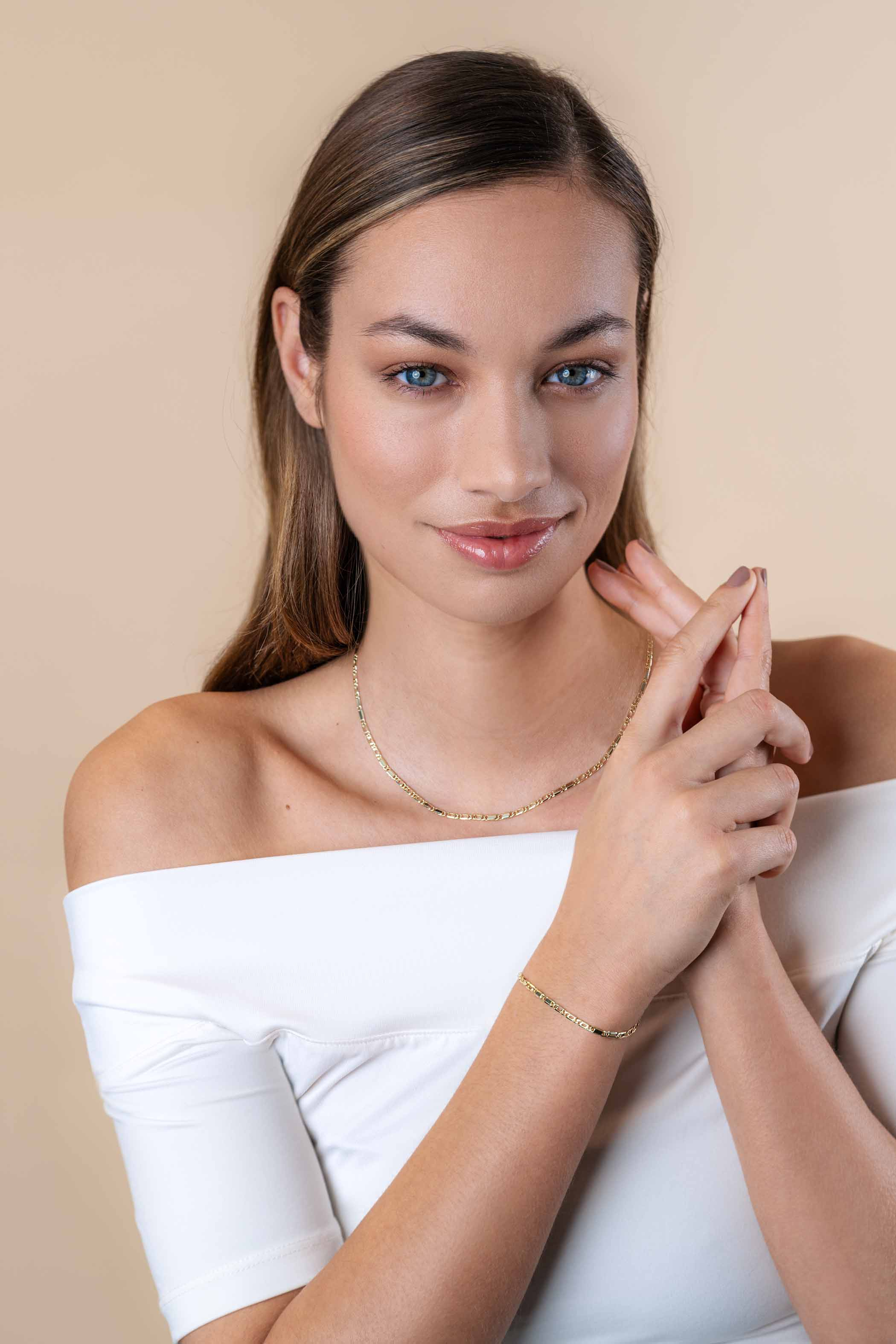 ZINZI Gold 14 carat solid gold necklace with hawk eye links and shiny plates, 2.6mm wide, 41-43cm ZGC499
